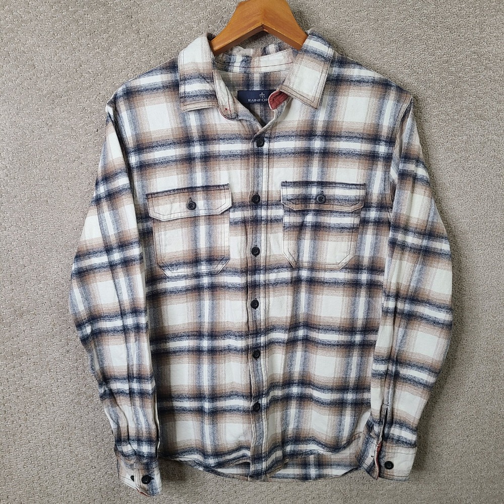 Rainforest Shirt Men L Beige Blue Plaid Button Down Flannel Cotton Long Sleeve